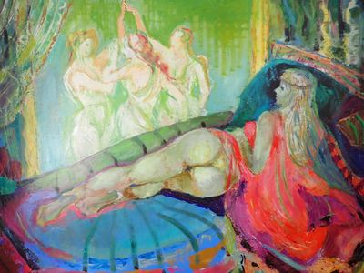 une peinture représentant une femme allongée sur un lit