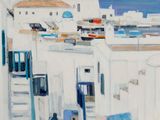 painting of a view of a white building with blue shutters
