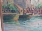 a painting of boats on the water in a harbor