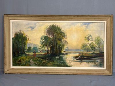 an oil painting of a river scene with cows and trees