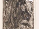 a drawing of an elephant that is standing next to a tree