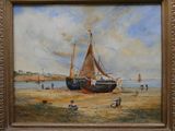 une peinture d'un bateau sur la plage au bord de l'eau
