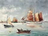 une peinture représentant un groupe de voiliers sur l'eau