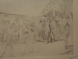 pencil drawing of a group of people walking down a street