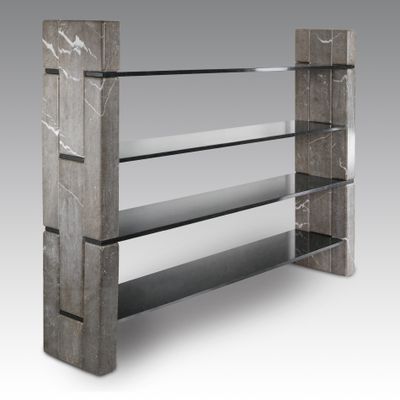 a close up of a metal shelf with glass shelves on it