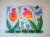 deux oiseaux posés sur les fleurs et une abeille posée sur les fleurs