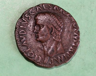 an old coin with a man ' s face on it on a green surface