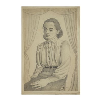 an old black and white photo of a woman sitting in a chair