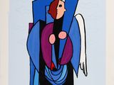 an image of a painting of a woman with a blue cape