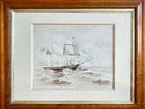 framed drawing of a ship in rough water with a wooden frame