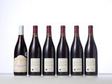 six bottles of wine lined up in a row on a table