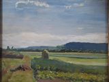an oil painting of a field with hay bales in the foreground