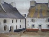 une peinture représentant quelques maisons dans la rue