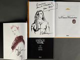 three books are sitting on a table with a drawing of a woman