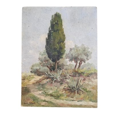 un tableau représentant un arbre solitaire au milieu d'un champ