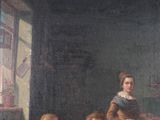 a painting of a woman sitting at a table with two children
