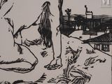 a black and white drawing of a cow in a field