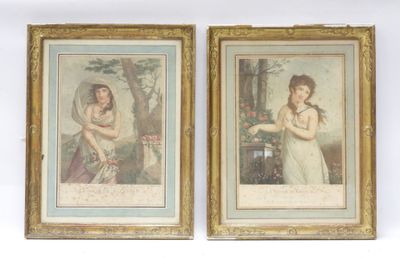 two framed pictures of a woman and a child in a garden