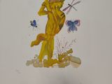a picture of a woman in a yellow raincoat holding a umbrella