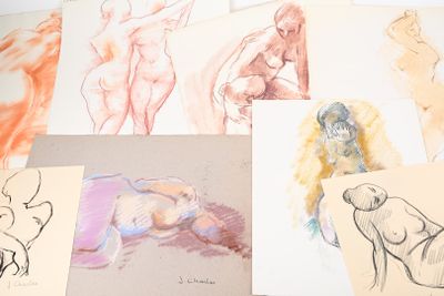 many different colored drawings of a woman laying on a bed