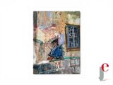 a painting on the wall of a building with a woman holding an umbrella