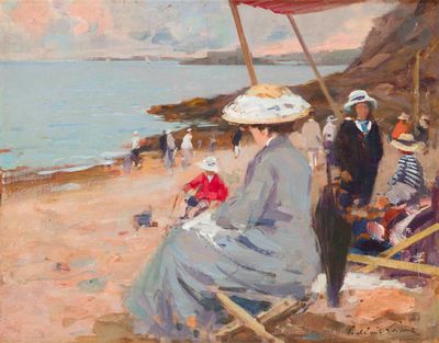 painting of a woman sitting in a chair on a beach next to the ocean