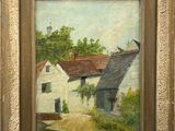 an oil painting of a white house with a red roof