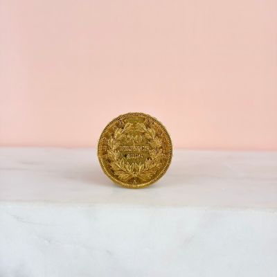 a gold coin sitting on top of a marble counter top