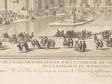 a drawing of a large crowd of people in a building