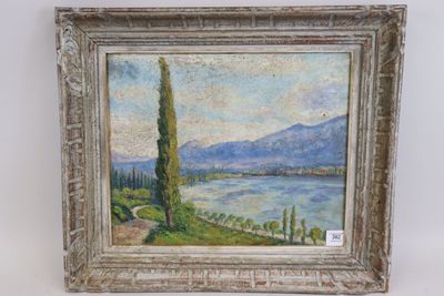 an image of a painting of a landscape with a lake in the foreground