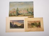 two paintings of a village and a church on a hill