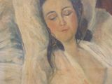 a painting of a woman laying in bed with her eyes closed