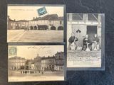 three old black and white photos of a group of people in front of a building