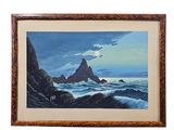 an image of a painting of a rocky coast with a lighthouse in the distance