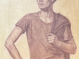 drawing of a man in a hat and shirt with his hands on his hips