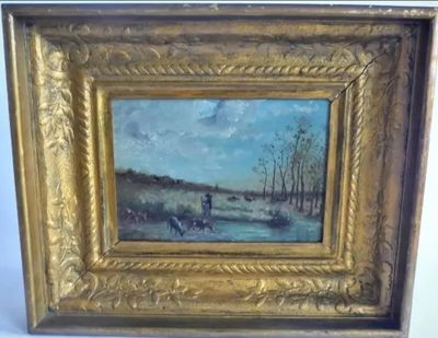 une peinture à l'huile représentant un homme à cheval dans un champ