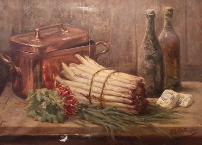 un tableau représentant un bouquet d'asperges posé sur une table