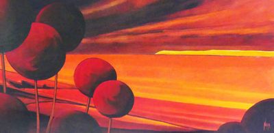 tableau représentant trois arbres rouges devant un ciel orange
