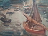 un tableau représentant un bateau dans un port, avec d'autres bateaux dans l'eau