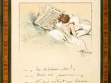 an old drawing of a woman reading a newspaper on a bed