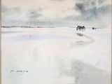 a painting of a horse drawn carriage in the snow