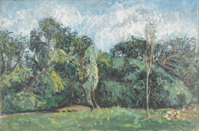 une peinture à l'huile représentant un champ avec des arbres et de l'herbe au premier plan