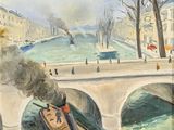 a painting of a boat on a river with a bridge in the background