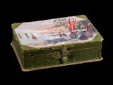 a green box with a painting on it on a black background