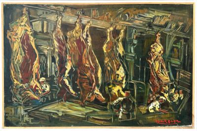 an oil painting of a butcher shop filled with meat hanging from the ceiling