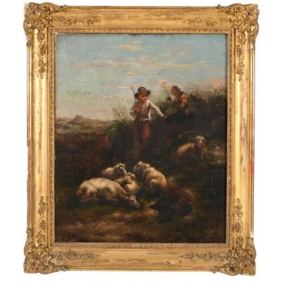 une image représentant un tableau où l'on voit un homme avec des moutons dans un champ