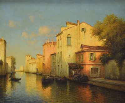 a painting of a canal with a boat on it