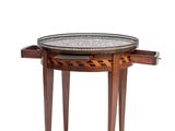 an image of a wooden table with a tray on top of it