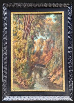 an oil painting of a river in a wooded area with trees in the background