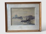 framed picture of a painting of a cityscape in a wooden frame
